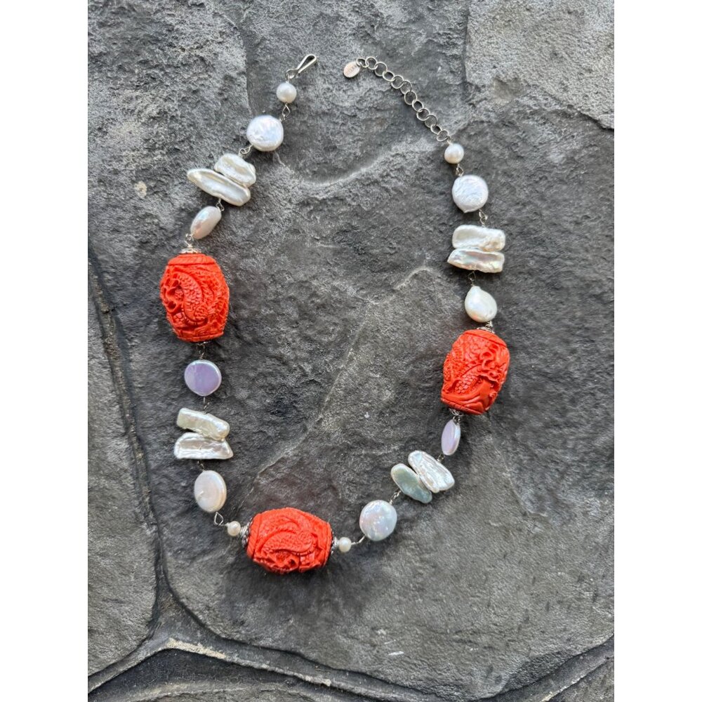 Handcrafted Meico Sterling Silver & Coral Beaded Necklace With Carved Dragon Mot